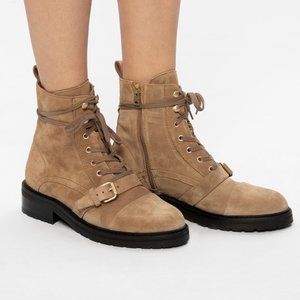 $350 ALL SAINTS ‘DONITA’ SUEDE ANKLE BOOTS MOTO LACE UP TAN BROWN 38 (2)  (ME2)